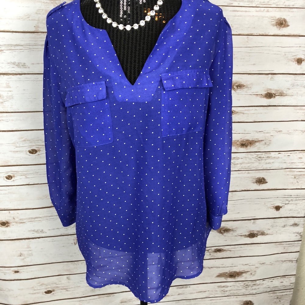 Gap V Neck Blouse Sz Xl blue w/white polka dots